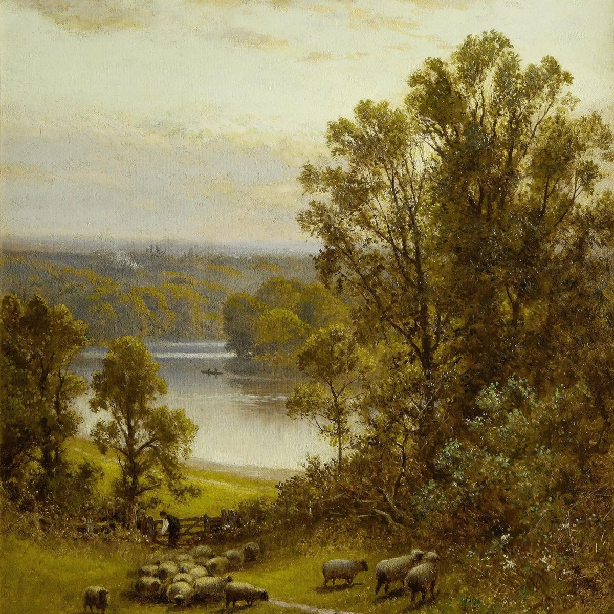 Landscape Oil Painting - Lake with Sheep, Figure & Trees - Oil Painting Haven