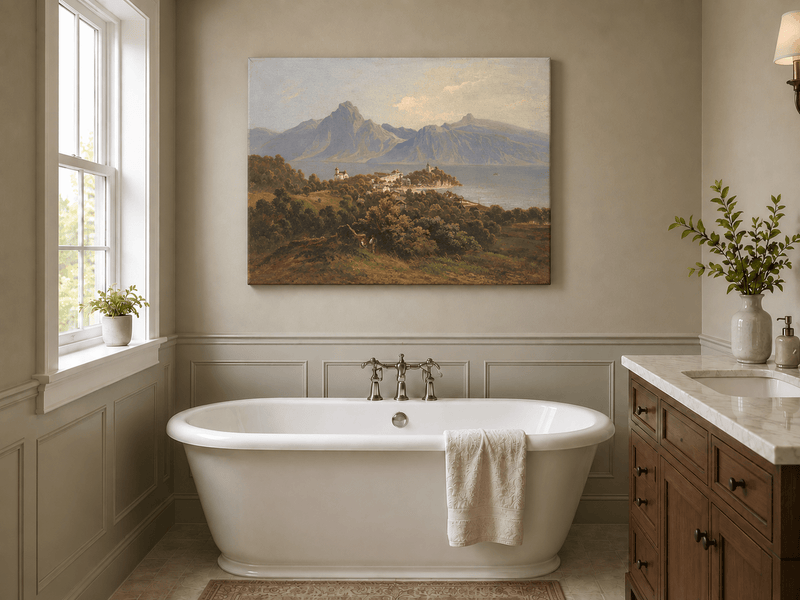 Peinture à l'huile de paysage - Ville de montagne au bord d'un lac : église, château