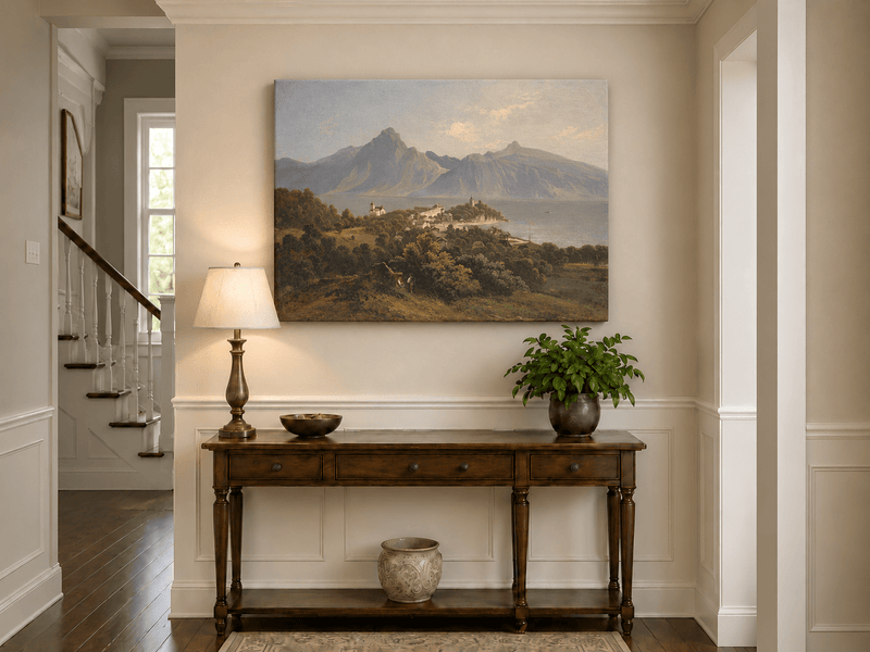 Peinture à l'huile de paysage - Ville de montagne au bord d'un lac : église, château