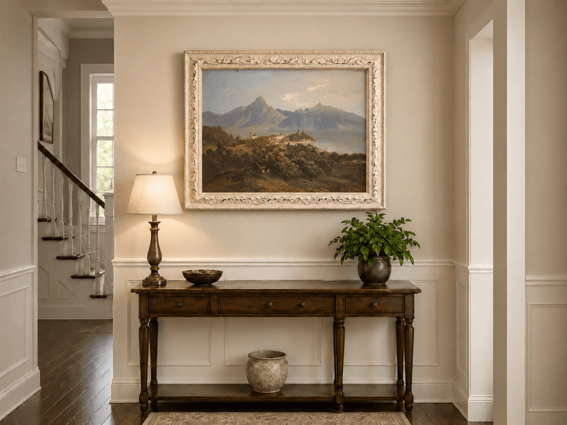 Peinture à l'huile de paysage - Ville de montagne au bord d'un lac : église, château