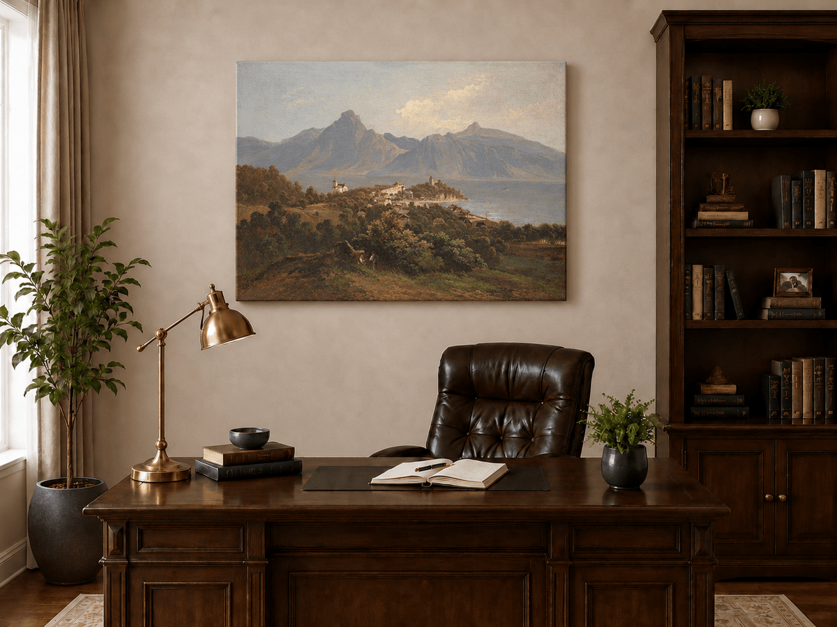 Peinture à l'huile de paysage - Ville de montagne au bord d'un lac : église, château