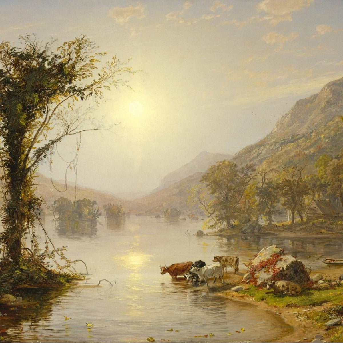 Landscape Oil Painting - Lakeside Autumn Pastoral with Cattle - Oil Painting Haven