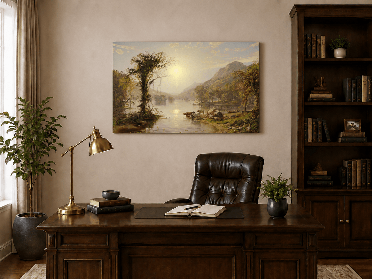 Landschaftsgemälde in Öl – Herbstliche Seenlandschaft mit Rindern