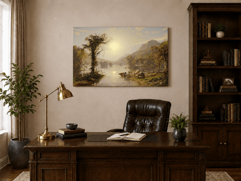 Landschaftsgemälde in Öl – Herbstliche Seenlandschaft mit Rindern