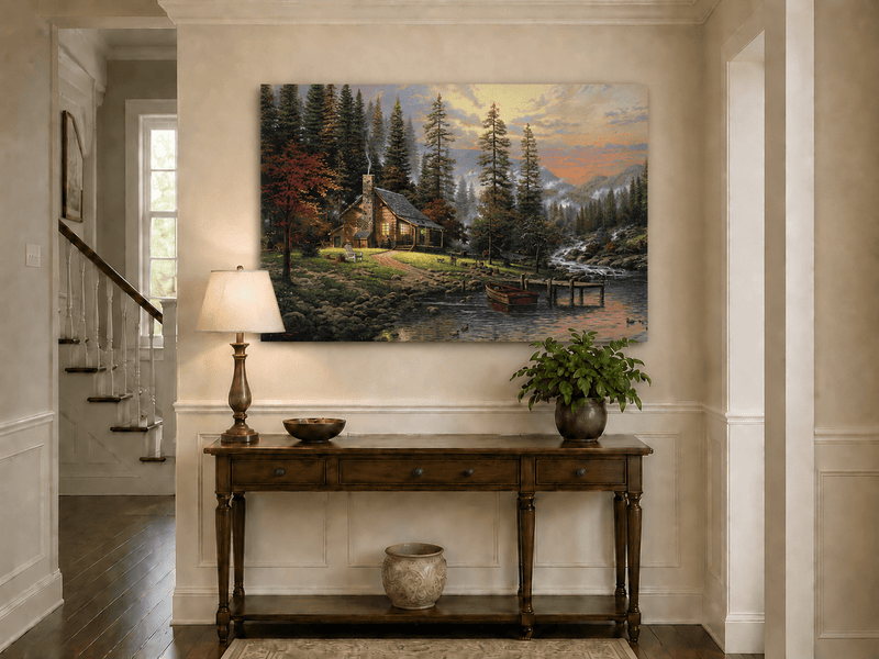 Landscape Oil Painting - Lakeside Cabin with Stream & Boat