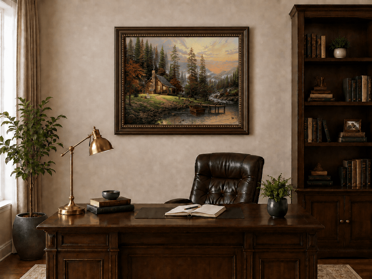 Landscape Oil Painting - Lakeside Cabin with Stream & Boat