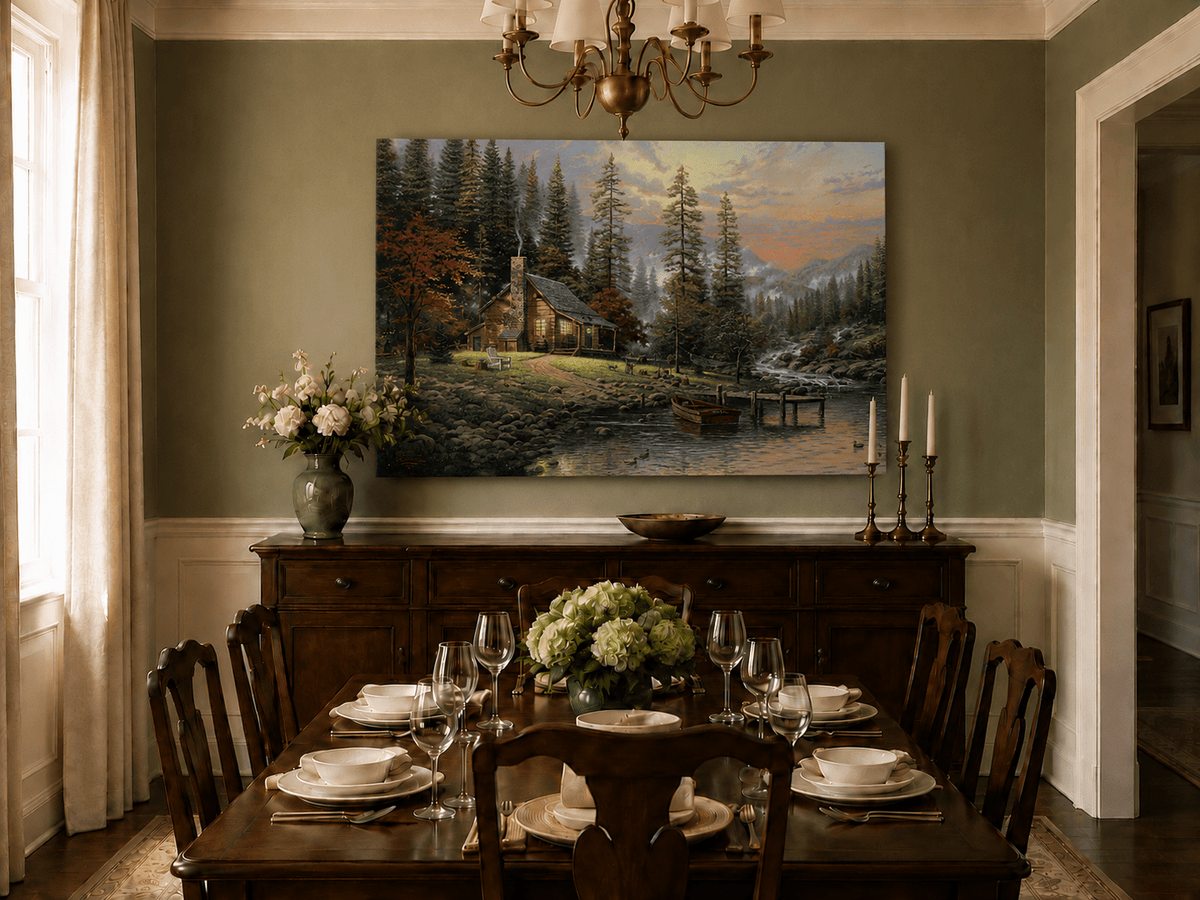 Landscape Oil Painting - Lakeside Cabin with Stream & Boat