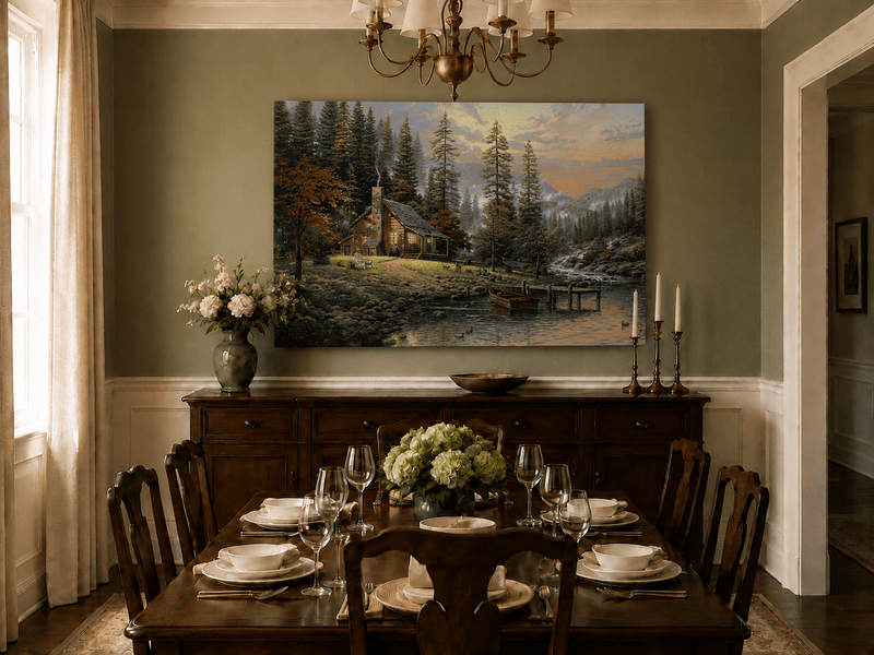 Landscape Oil Painting - Lakeside Cabin with Stream & Boat