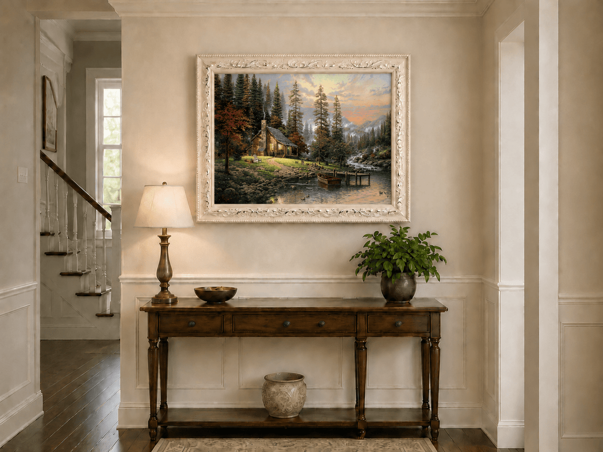 Landscape Oil Painting - Lakeside Cabin with Stream & Boat