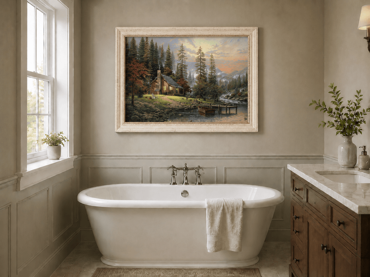 Landscape Oil Painting - Lakeside Cabin with Stream & Boat