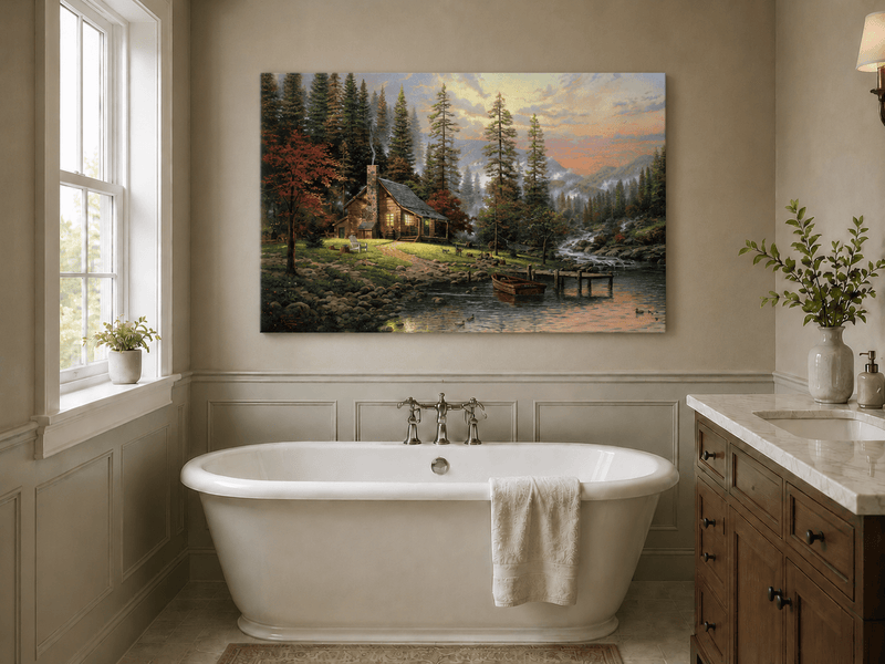 Landscape Oil Painting - Lakeside Cabin with Stream & Boat