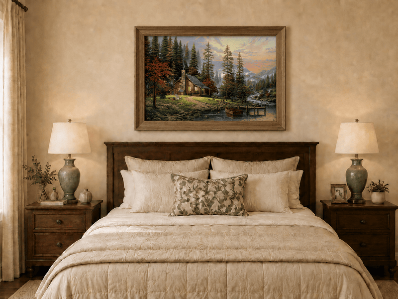 Landscape Oil Painting - Lakeside Cabin with Stream & Boat