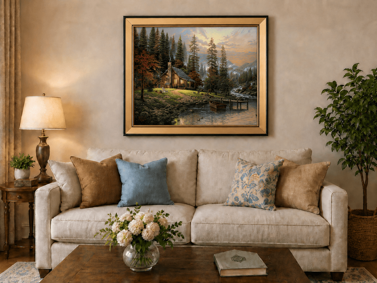 Landscape Oil Painting - Lakeside Cabin with Stream & Boat