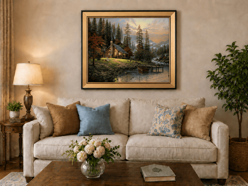 Landscape Oil Painting - Lakeside Cabin with Stream & Boat
