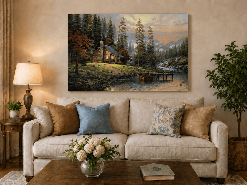 Landscape Oil Painting - Lakeside Cabin with Stream & Boat