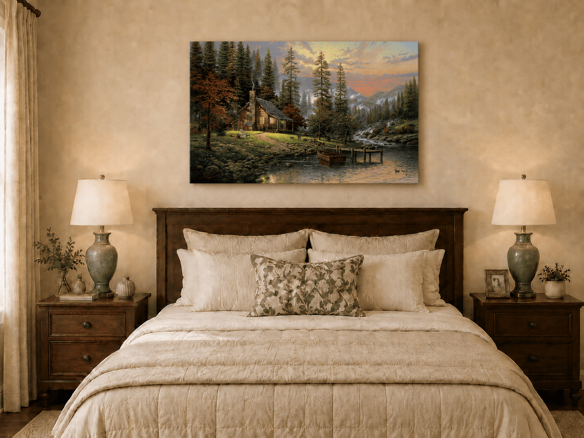 Landscape Oil Painting - Lakeside Cabin with Stream & Boat