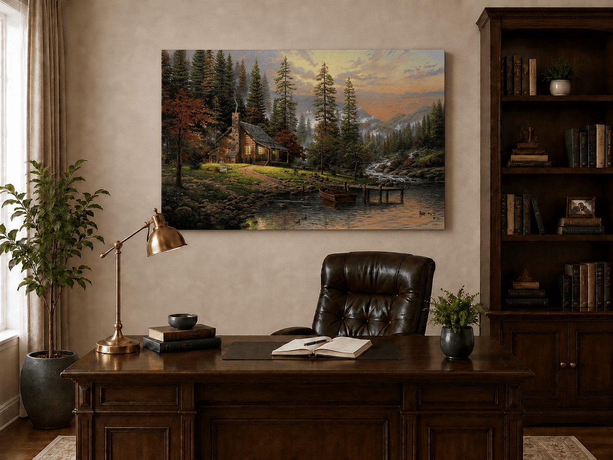 Landscape Oil Painting - Lakeside Cabin with Stream & Boat
