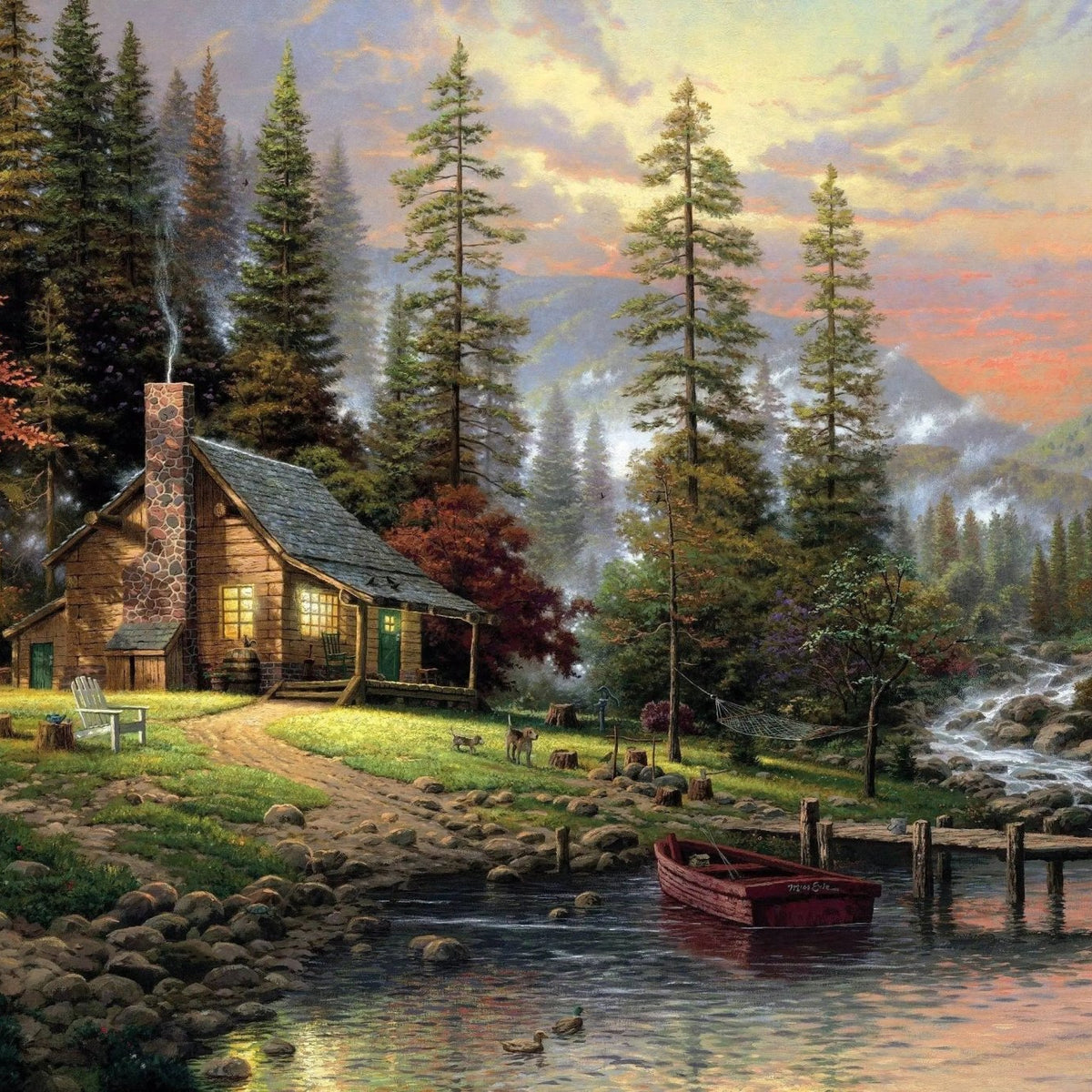 Landscape Oil Painting - Lakeside Cabin with Stream & Boat - Oil Painting Haven