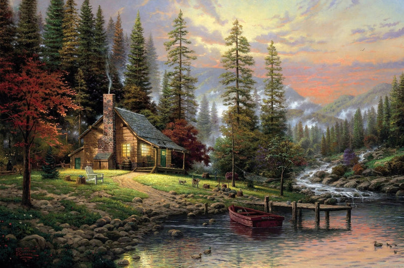 Landscape Oil Painting - Lakeside Cabin with Stream & Boat - Oil Painting Haven