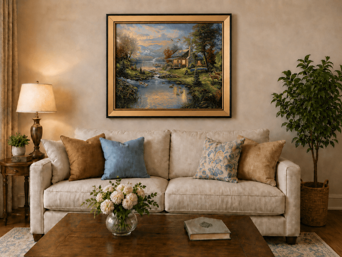 Landscape Oil Painting - Lakeside Cabin with Wildlife & Stream