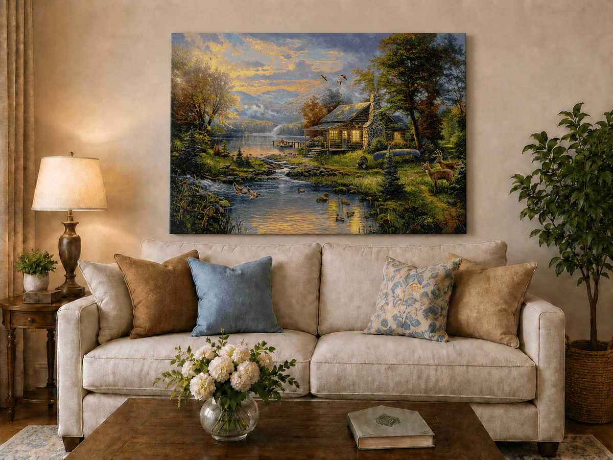 Landscape Oil Painting - Lakeside Cabin with Wildlife & Stream