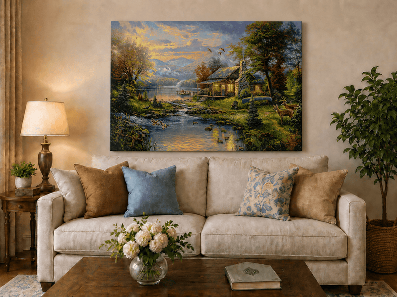 Landscape Oil Painting - Lakeside Cabin with Wildlife & Stream