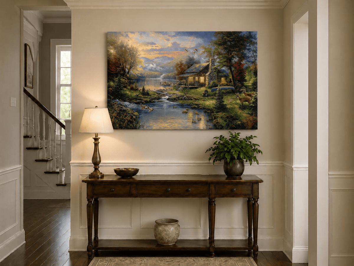 Landscape Oil Painting - Lakeside Cabin with Wildlife & Stream