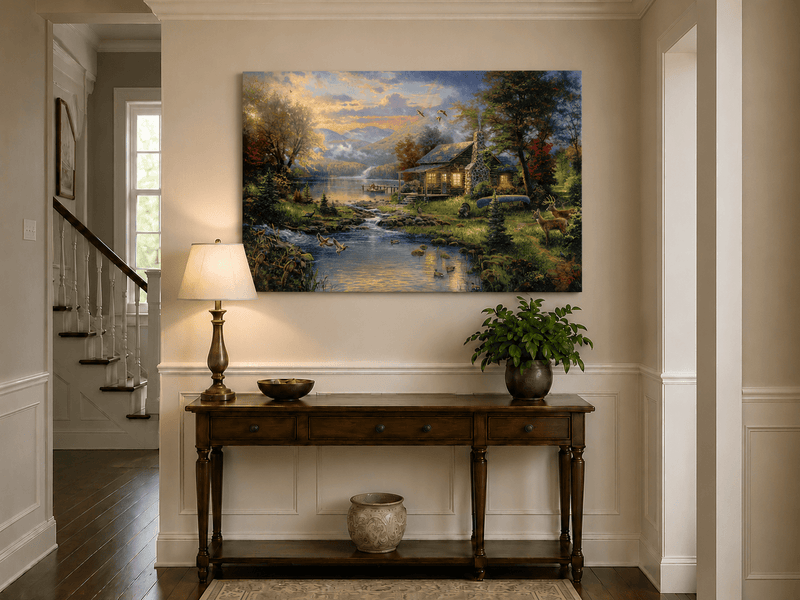 Landscape Oil Painting - Lakeside Cabin with Wildlife & Stream