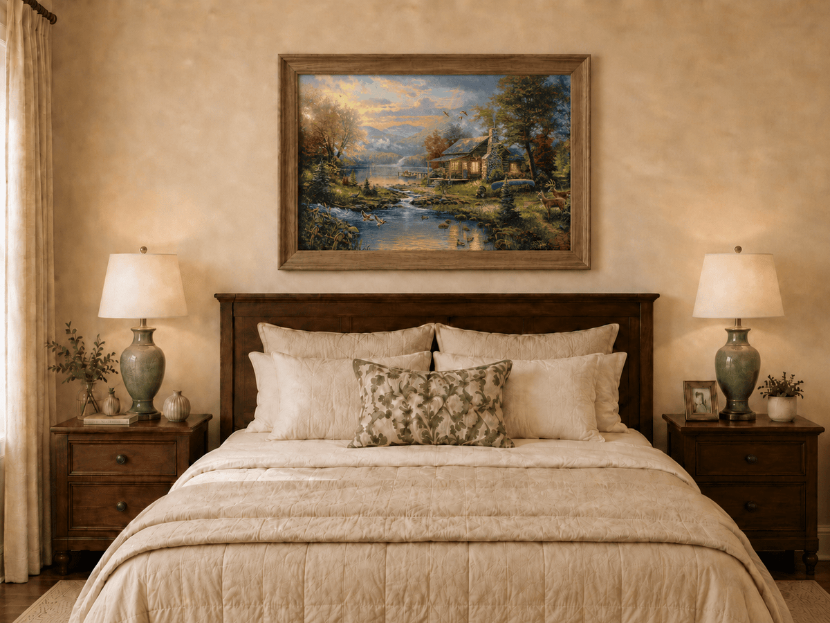 Landscape Oil Painting - Lakeside Cabin with Wildlife & Stream