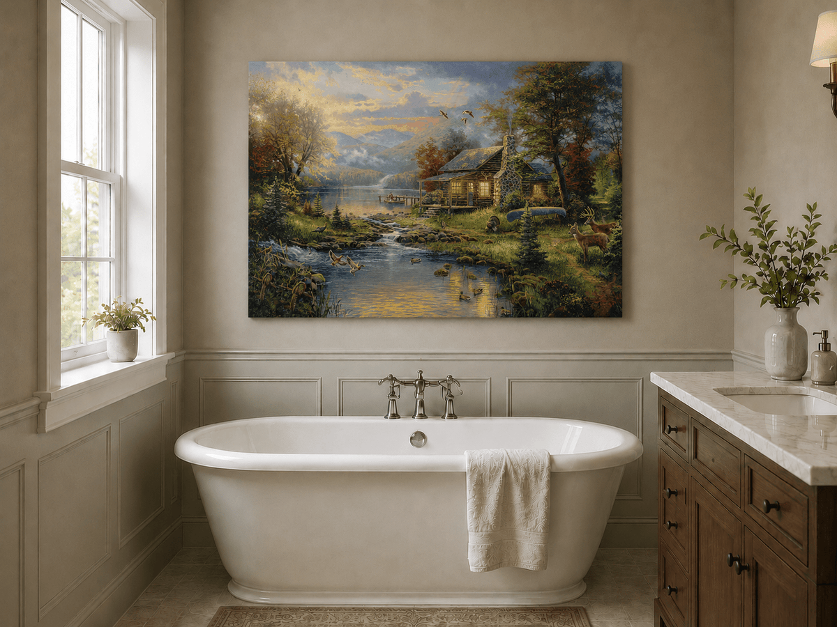 Landscape Oil Painting - Lakeside Cabin with Wildlife & Stream