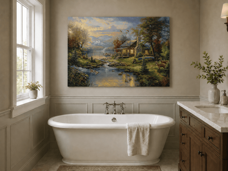 Landscape Oil Painting - Lakeside Cabin with Wildlife & Stream