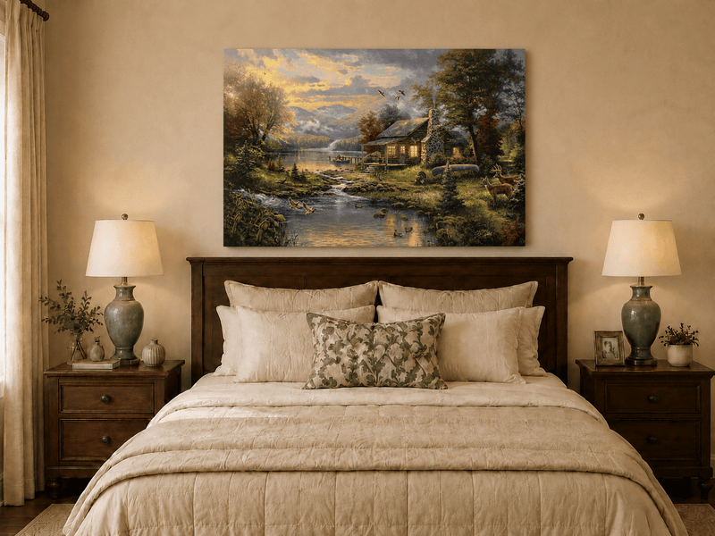 Landscape Oil Painting - Lakeside Cabin with Wildlife & Stream