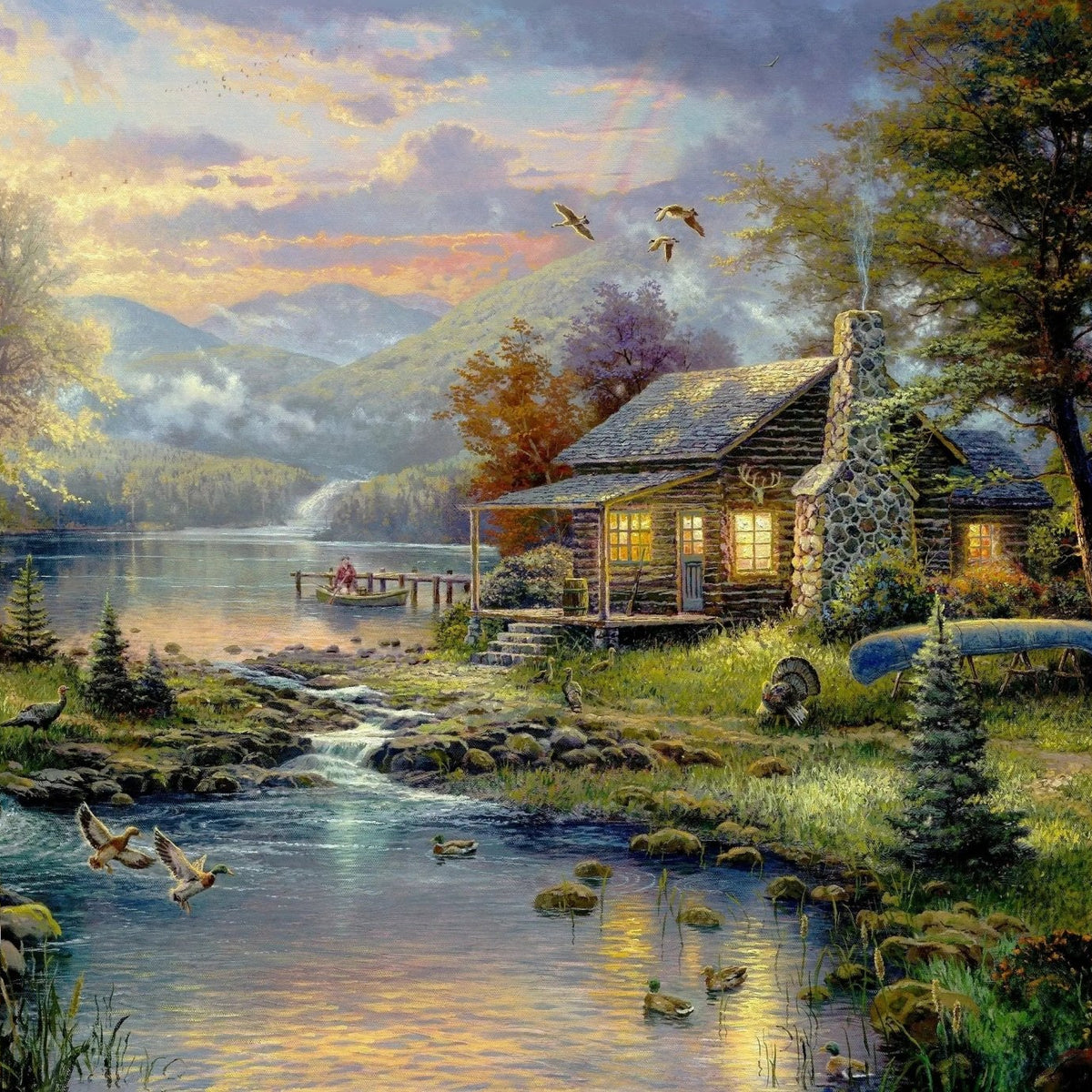 Landscape Oil Painting - Lakeside Cabin with Wildlife & Stream - Oil Painting Haven