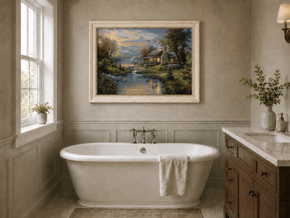 Landscape Oil Painting - Lakeside Cabin with Wildlife & Stream