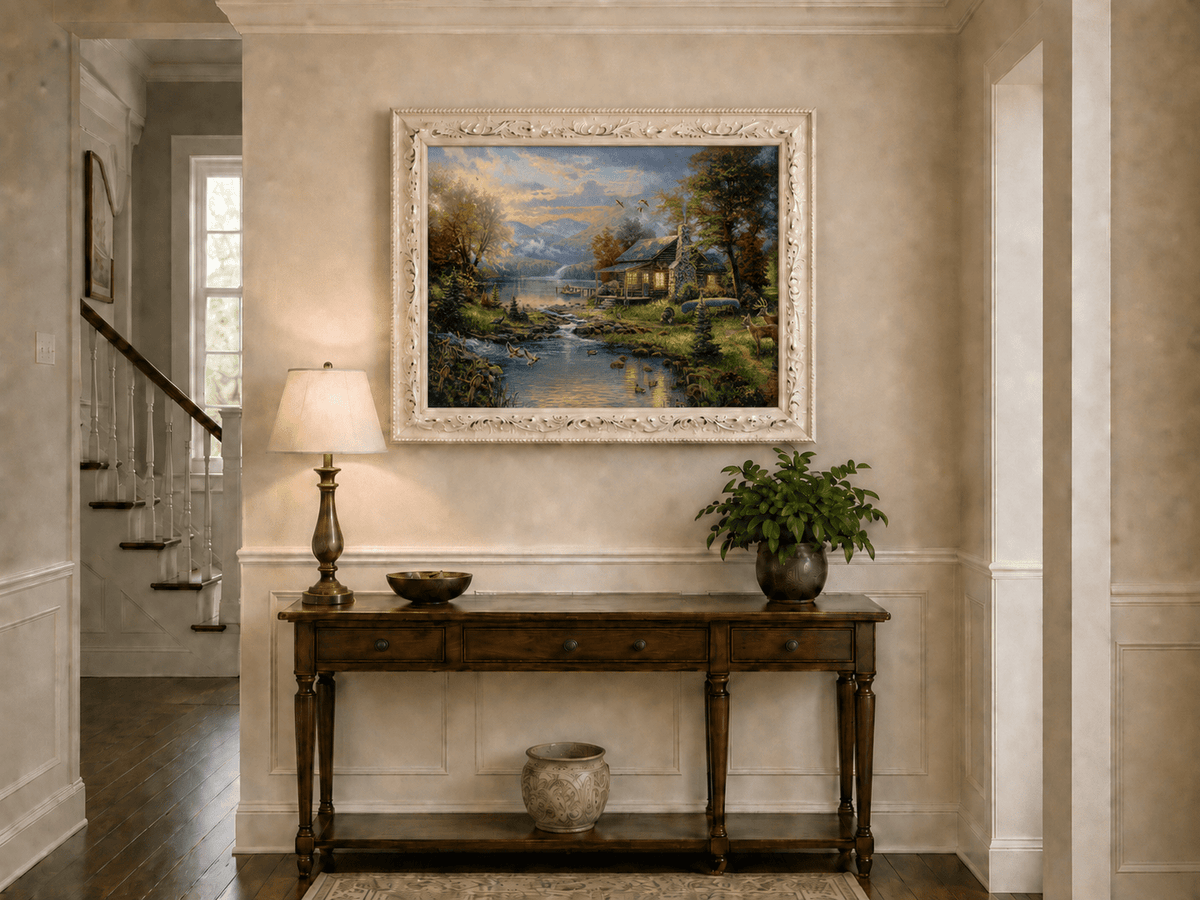 Landscape Oil Painting - Lakeside Cabin with Wildlife & Stream