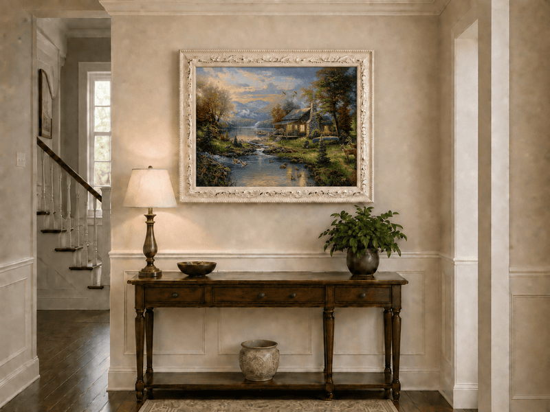 Landscape Oil Painting - Lakeside Cabin with Wildlife & Stream