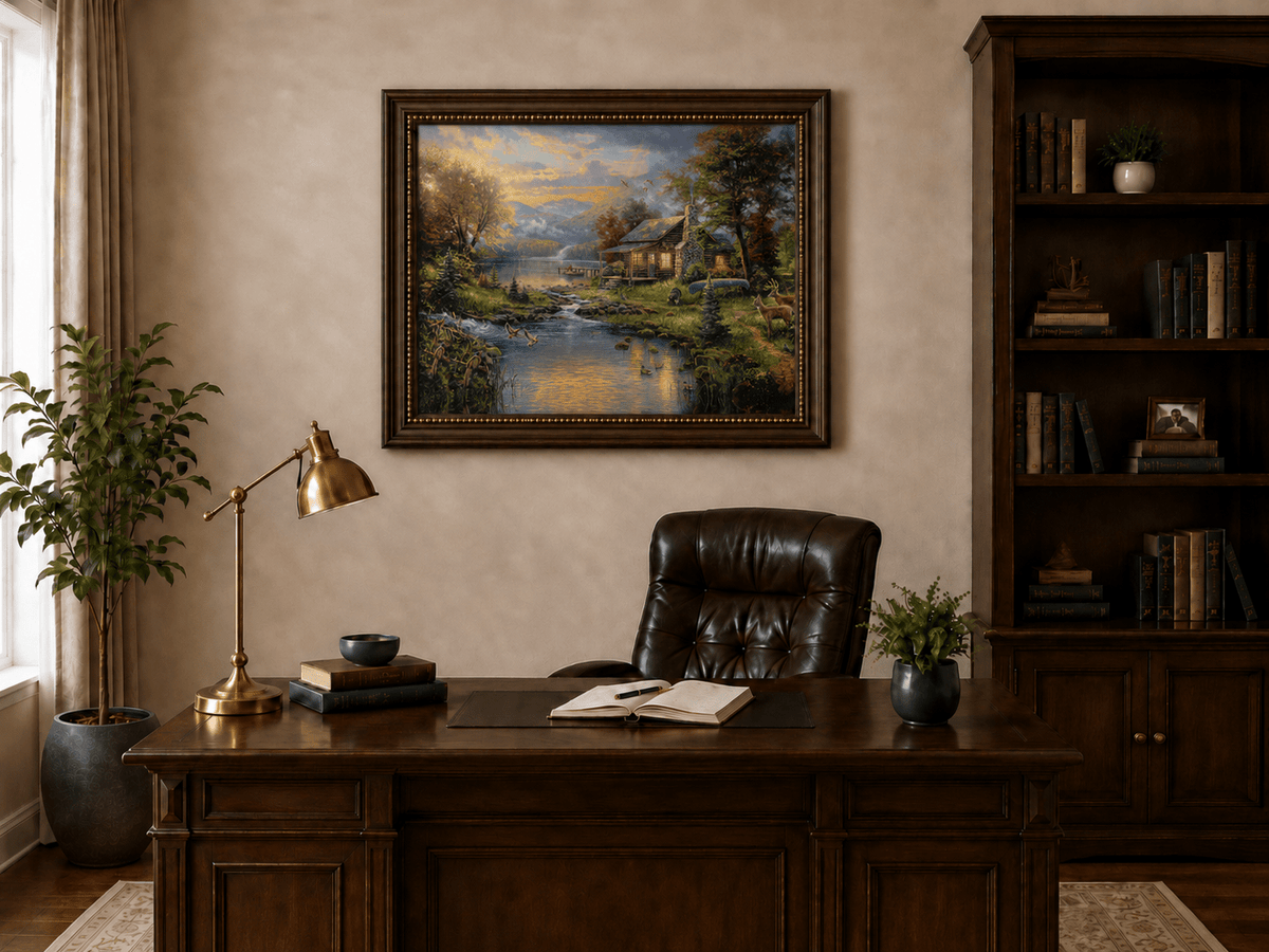 Landscape Oil Painting - Lakeside Cabin with Wildlife & Stream