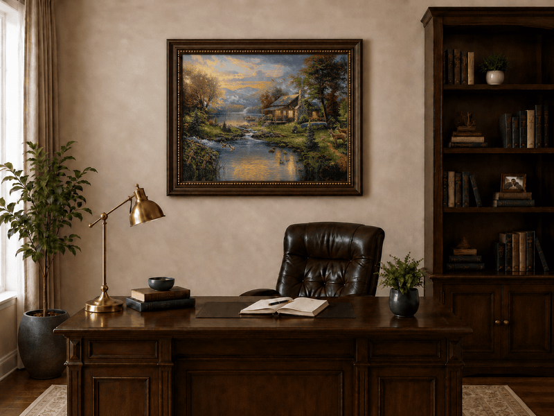 Landscape Oil Painting - Lakeside Cabin with Wildlife & Stream