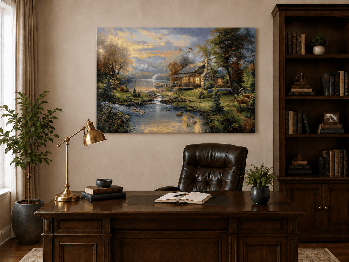 Landscape Oil Painting - Lakeside Cabin with Wildlife & Stream
