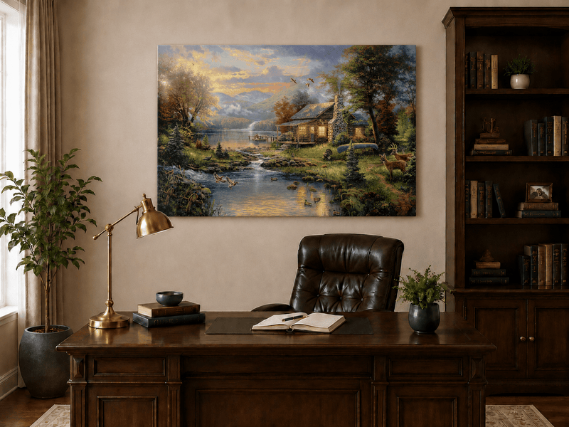 Landscape Oil Painting - Lakeside Cabin with Wildlife & Stream