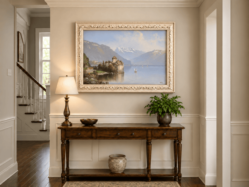 Peinture à l'huile de paysage - Château au bord du lac et montagnes alpines
