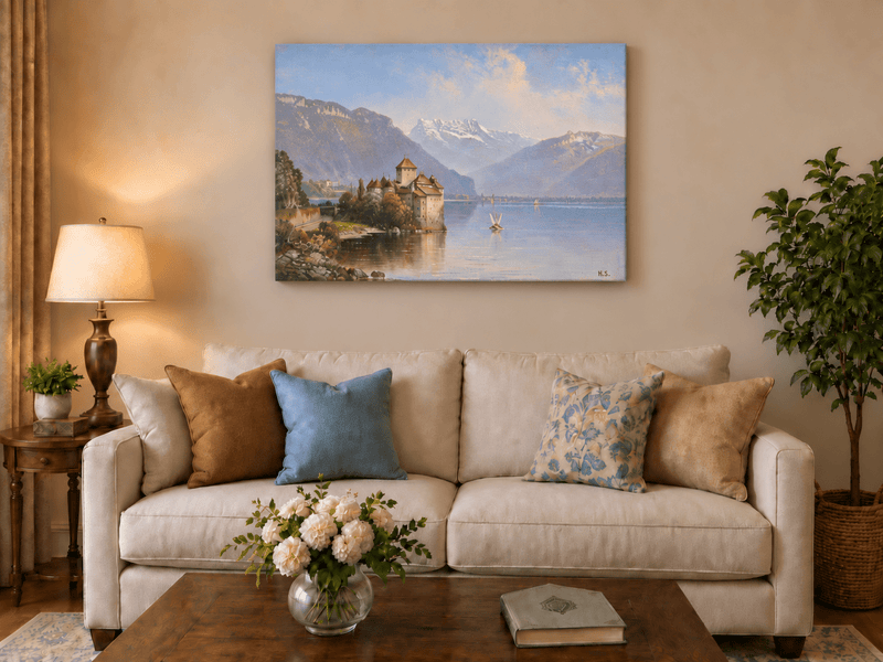 Peinture à l'huile de paysage - Château au bord du lac et montagnes alpines