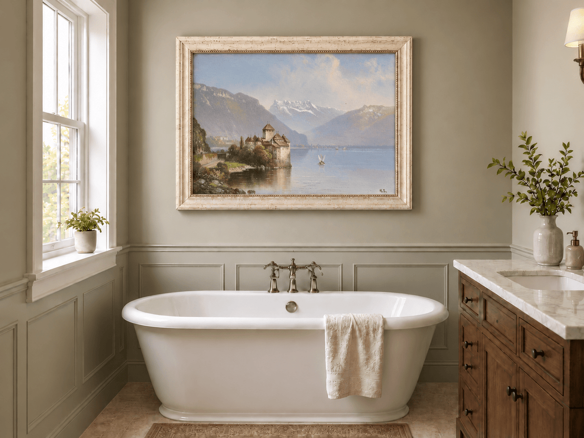 Peinture à l'huile de paysage - Château au bord du lac et montagnes alpines