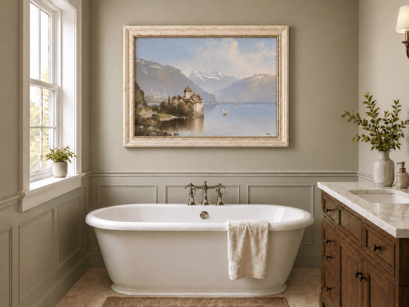 Peinture à l'huile de paysage - Château au bord du lac et montagnes alpines