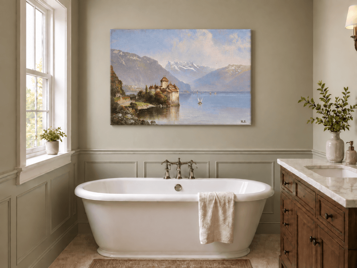 Peinture à l'huile de paysage - Château au bord du lac et montagnes alpines