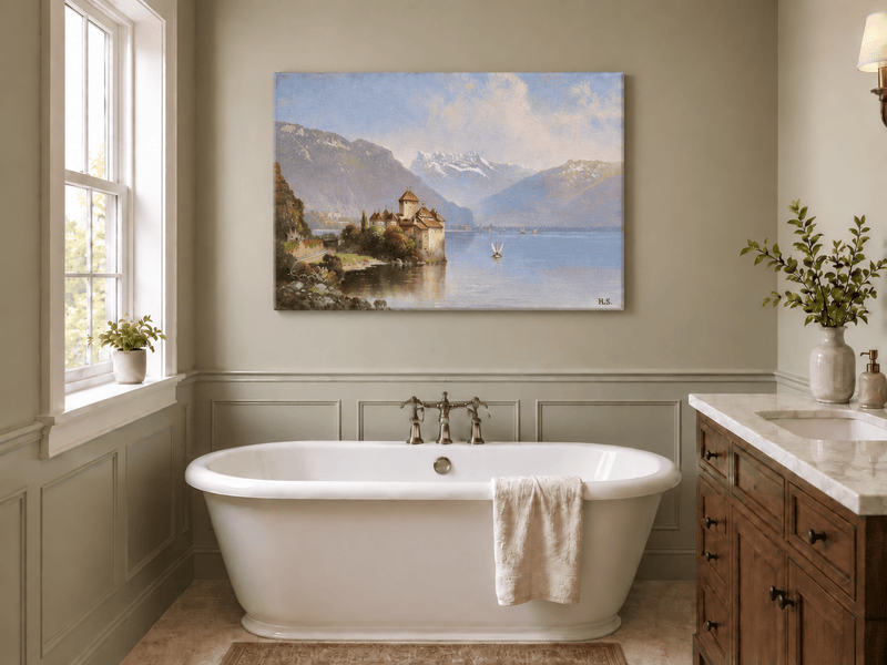 Peinture à l'huile de paysage - Château au bord du lac et montagnes alpines