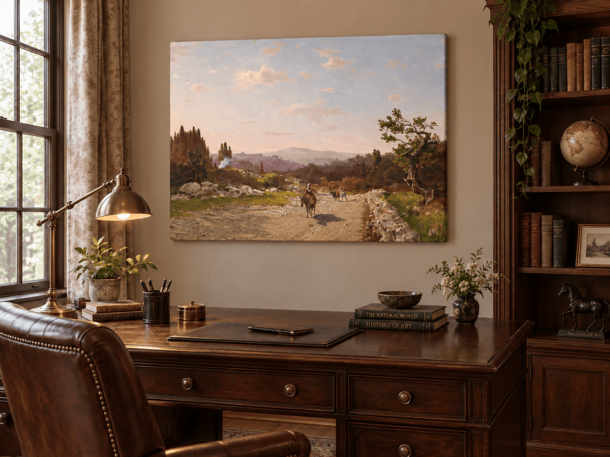 Peinture à l'huile de paysage - Château au bord du lac et montagnes alpines