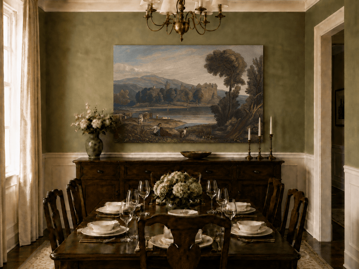 Landscape Oil Painting - Lakeside Castle with Cattle and Hills