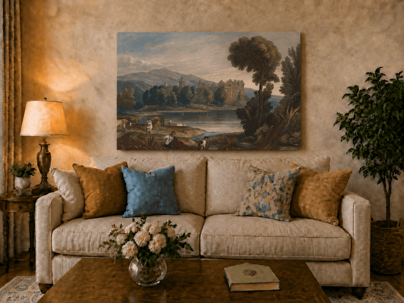 Landscape Oil Painting - Lakeside Castle with Cattle and Hills