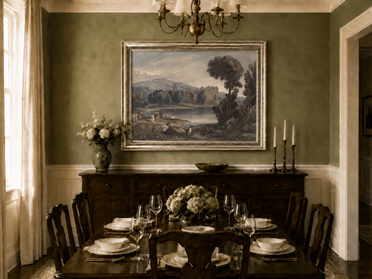 Landscape Oil Painting - Lakeside Castle with Cattle and Hills